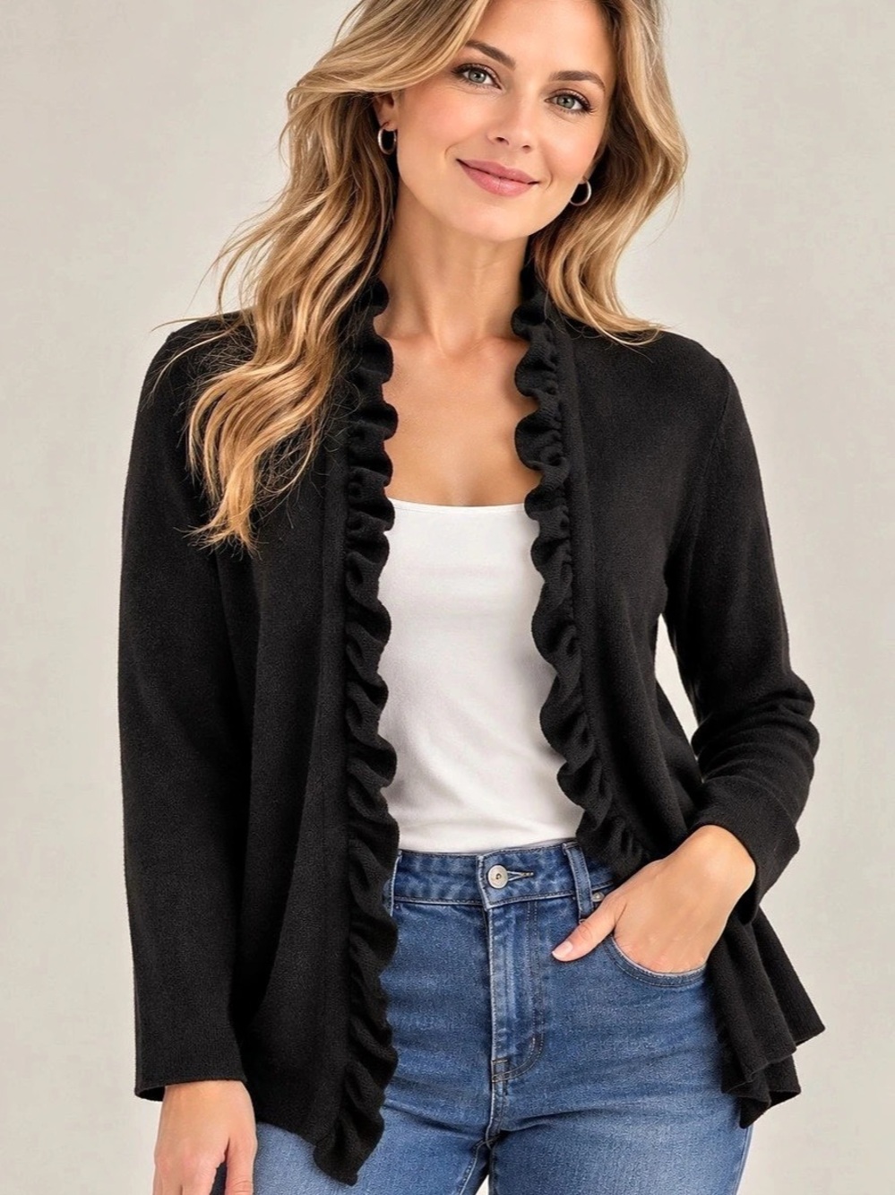 Jones New York Collection Cashmere Ruffle Front Cardigan in Black Medium Like